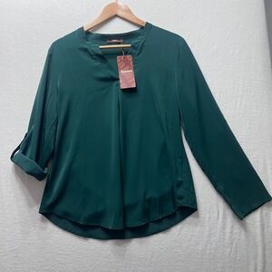 Gaharu Womens Green Roll Tab Long Sleeve V Neck Blouse Business Casual Top Sz M‎